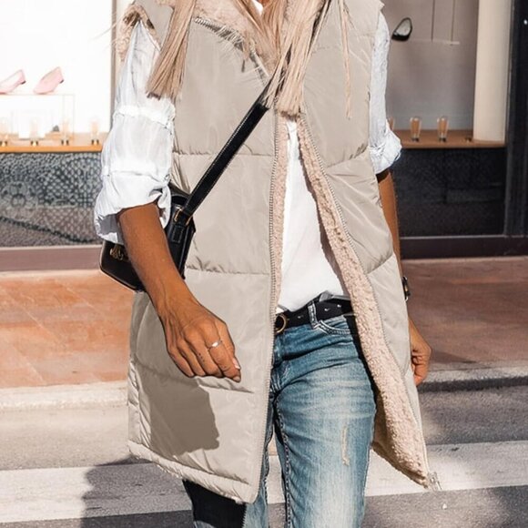 Fall Long Puffer Vest Women Sleeveless Hooded Reversible Fleece Sherpa Jacket Zi - Picture 2 of 5